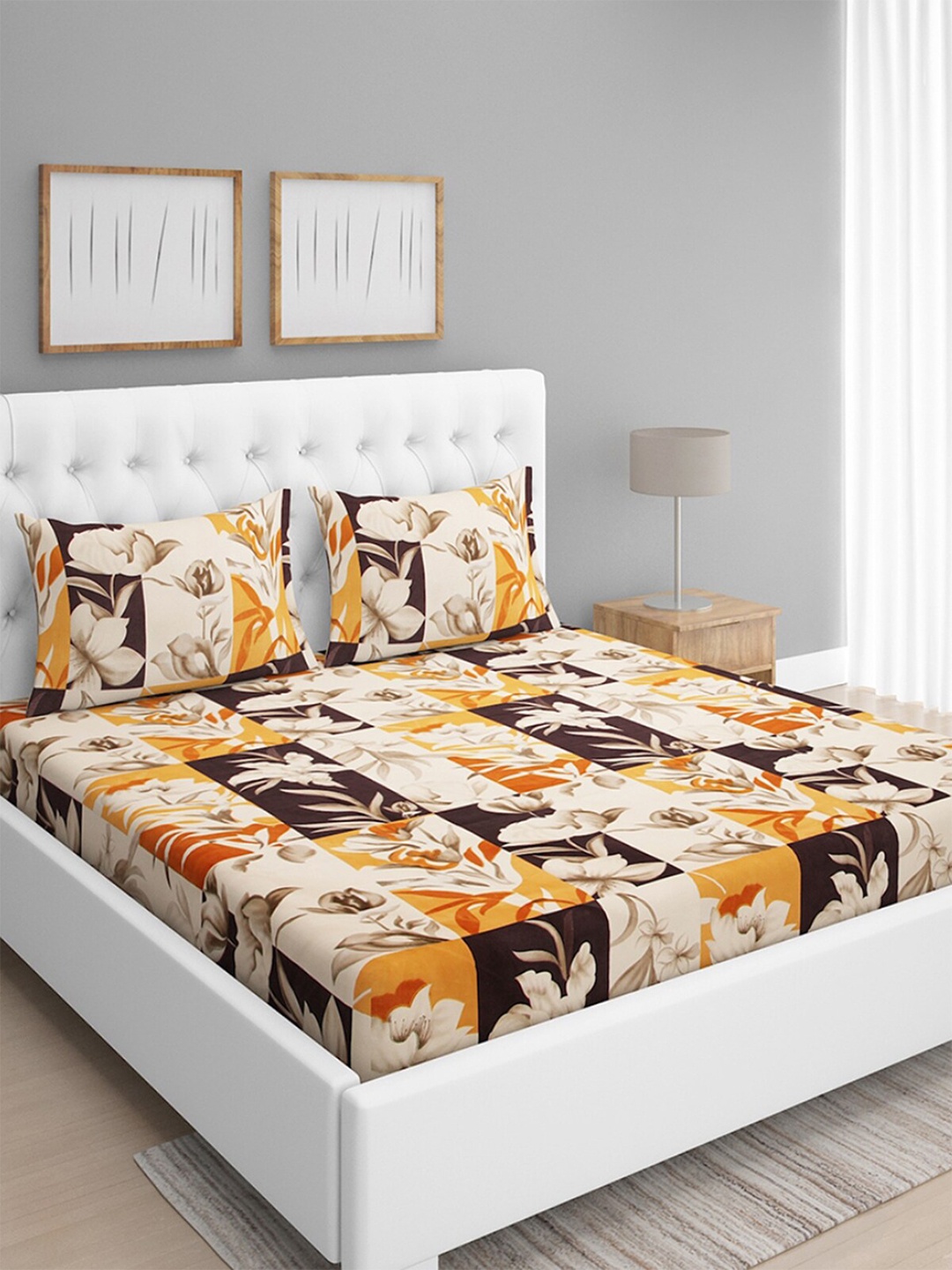 

ROMEE Cream & Orange Floral Printed 144 TC Queen Bedsheet With 2 Pillow Covers