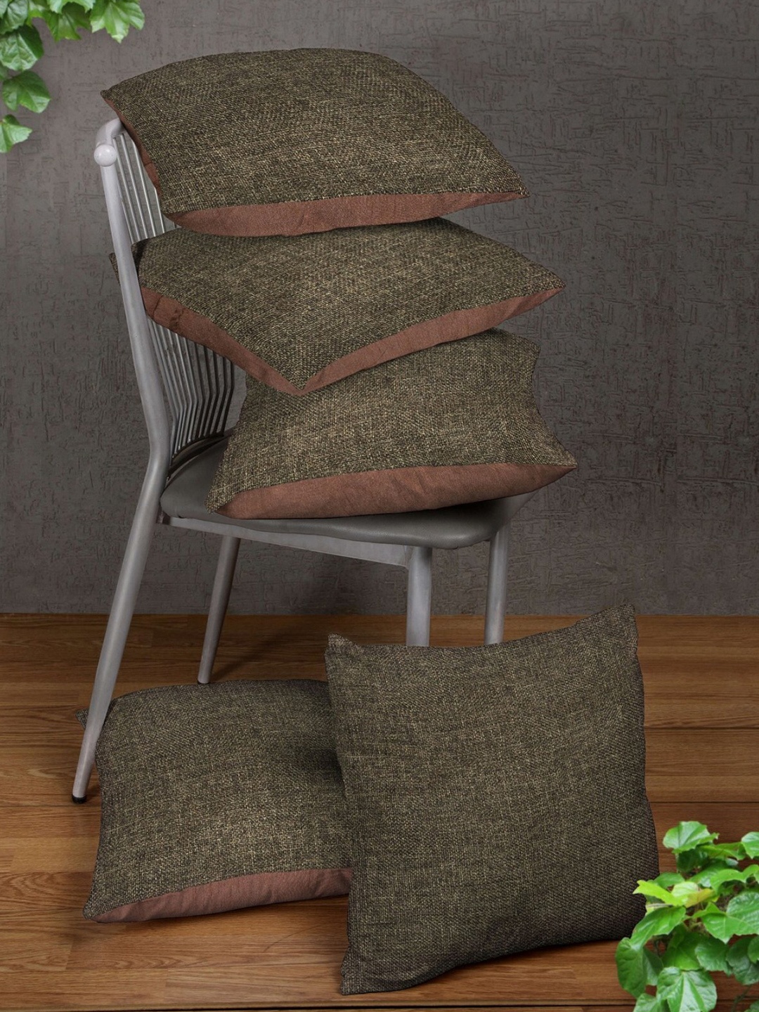 

ROMEE Brown & Green 5 Pieces Square Cushion Covers