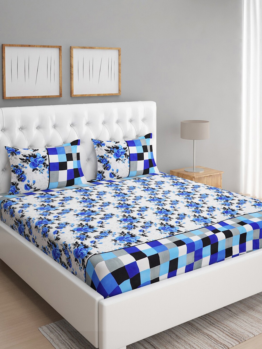

ROMEE White & Blue Floral Printed 144 TC Queen Bedsheet With 2 Pillow Covers