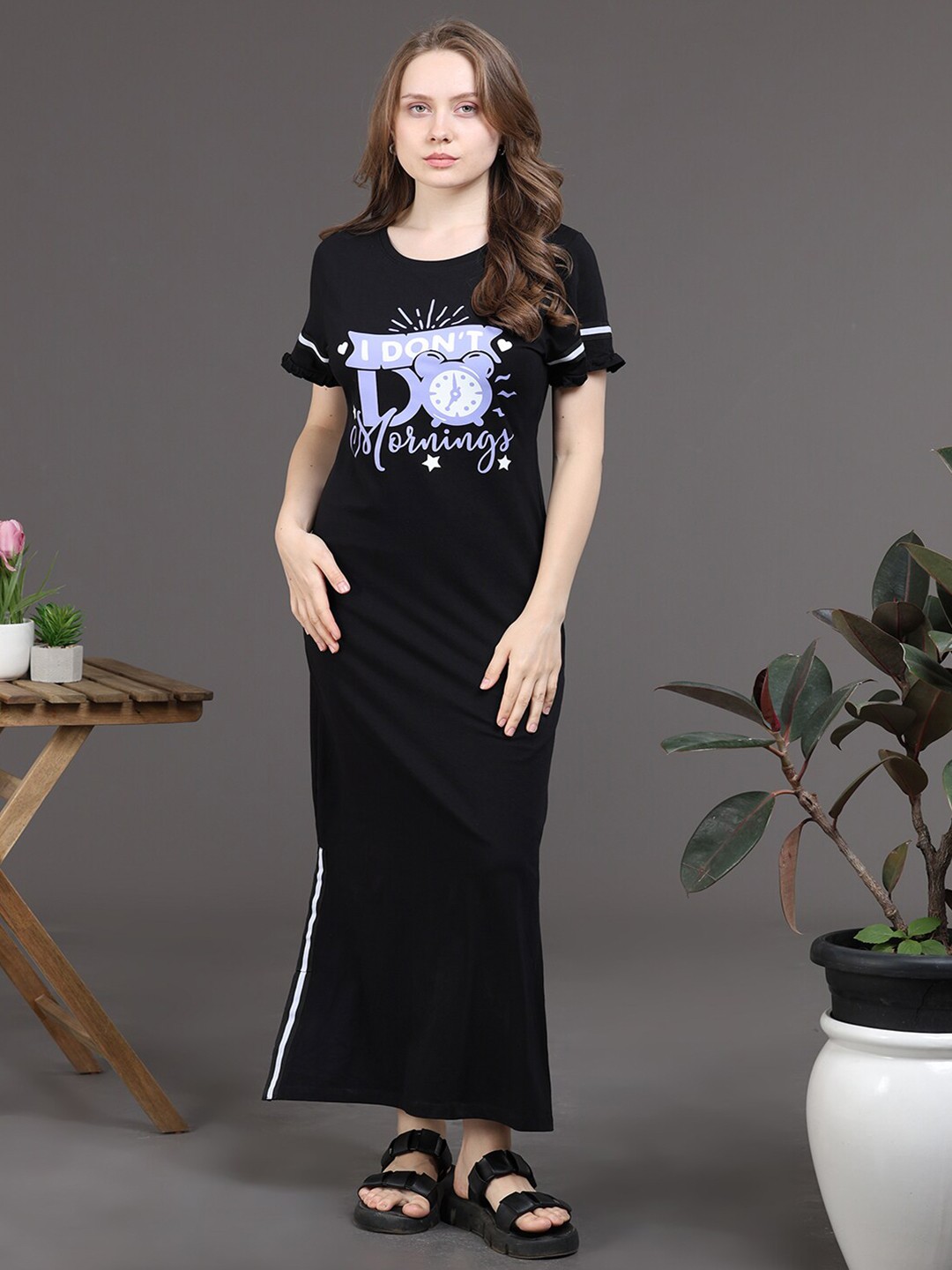 

Slumber Jill Printed Pure Cotton Maxi T-shirt Dress, Black