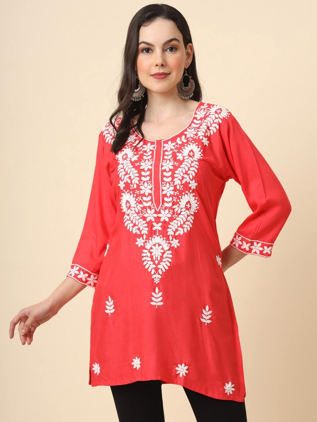 

HERE&NOW Pink & White Ethnic Motifs Embroidered Round Neck Straight Short Kurti