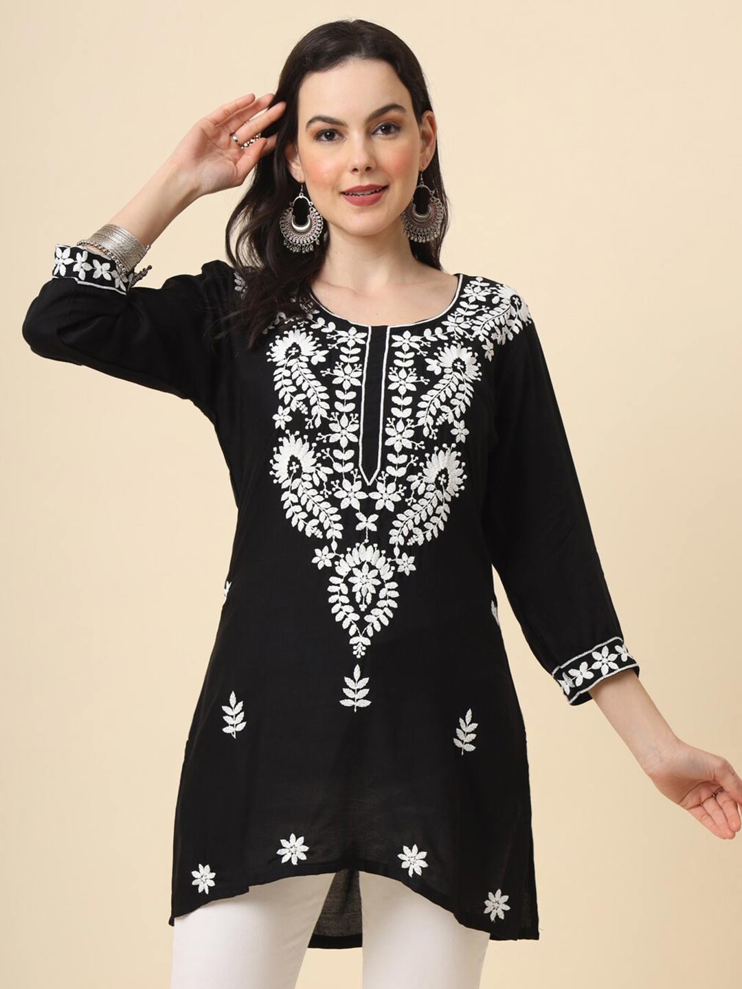 

HERE&NOW Black & White Ethnic Motifs Embroidered Round Neck Straight Short Kurti