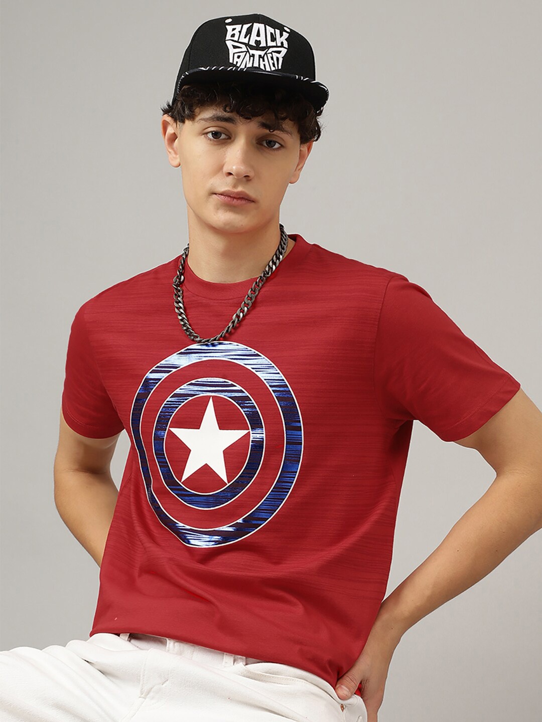 

Free Authority Round Neck Captain America Printed Tshirts, Red