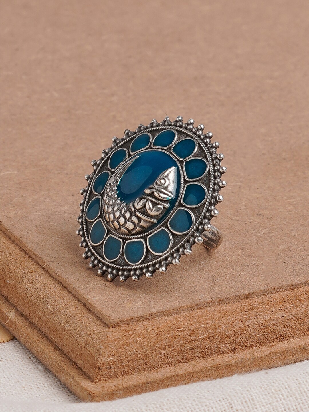 

TEEJH Oxidized Silver-Plated Stone-Studded Adjustable Finger Ring