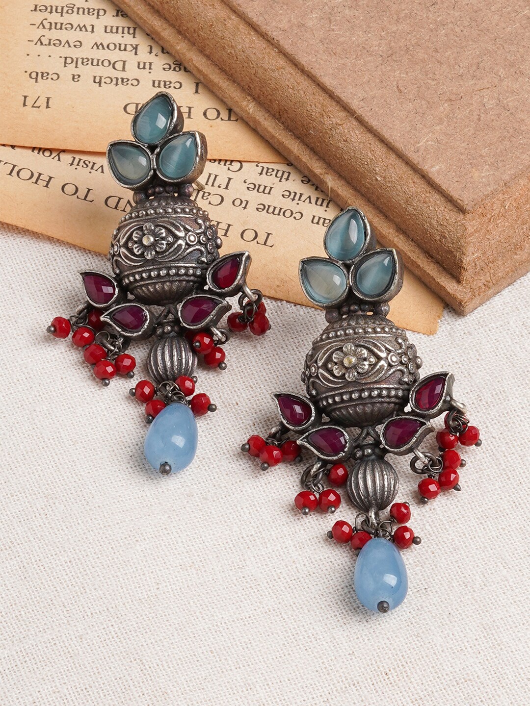 

TEEJH Silver-Plated Classic Oxidised Drop Earrings, Red