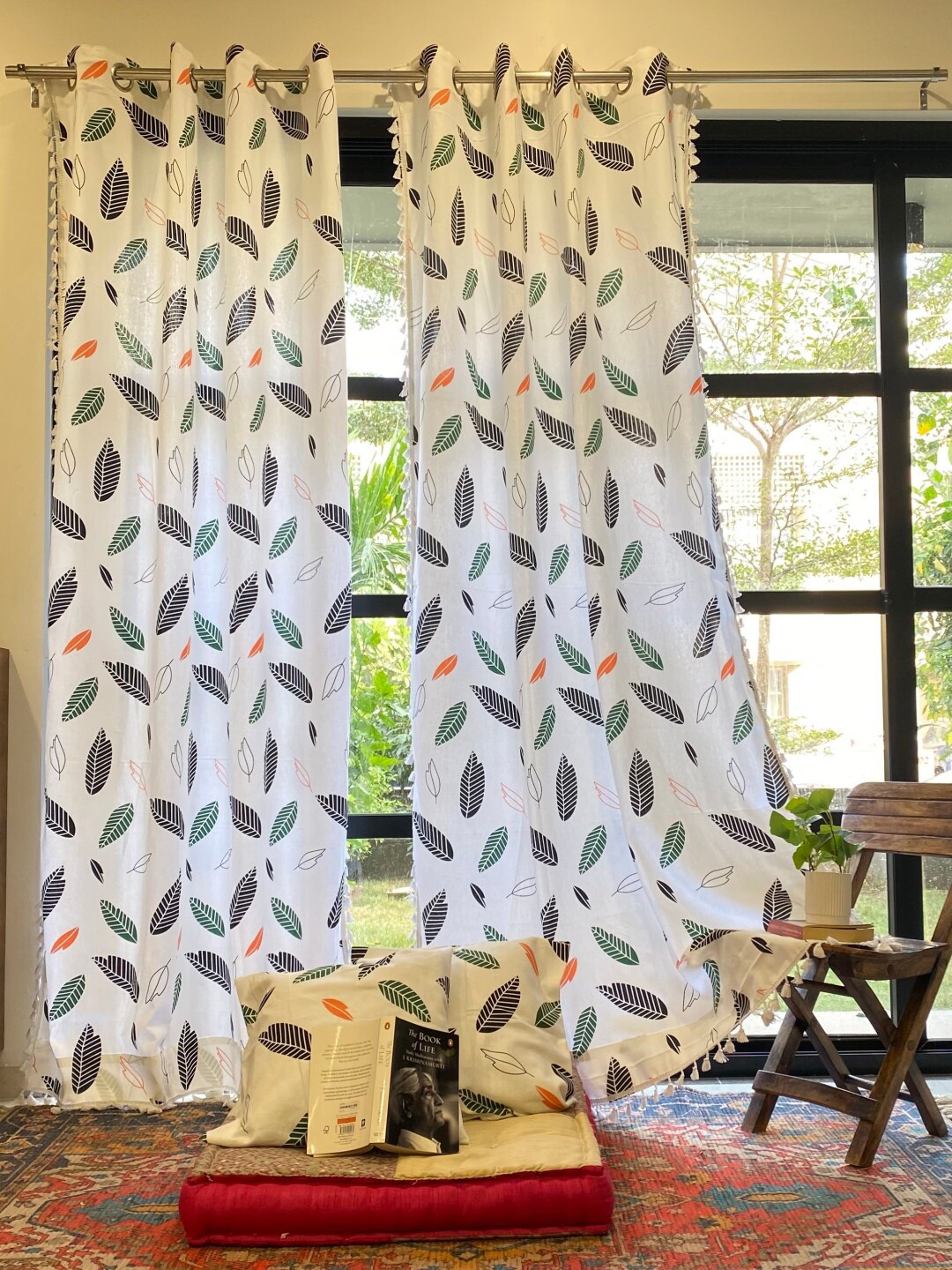 

URBAN SPACE White 4 Pieces Feather Printed Window Curtain with Cushion Covers, Green