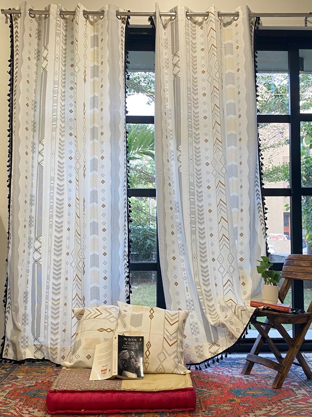 

URBAN SPACE White 4 Pieces Boho Printed Door Curtain with Cushion Covers, Grey