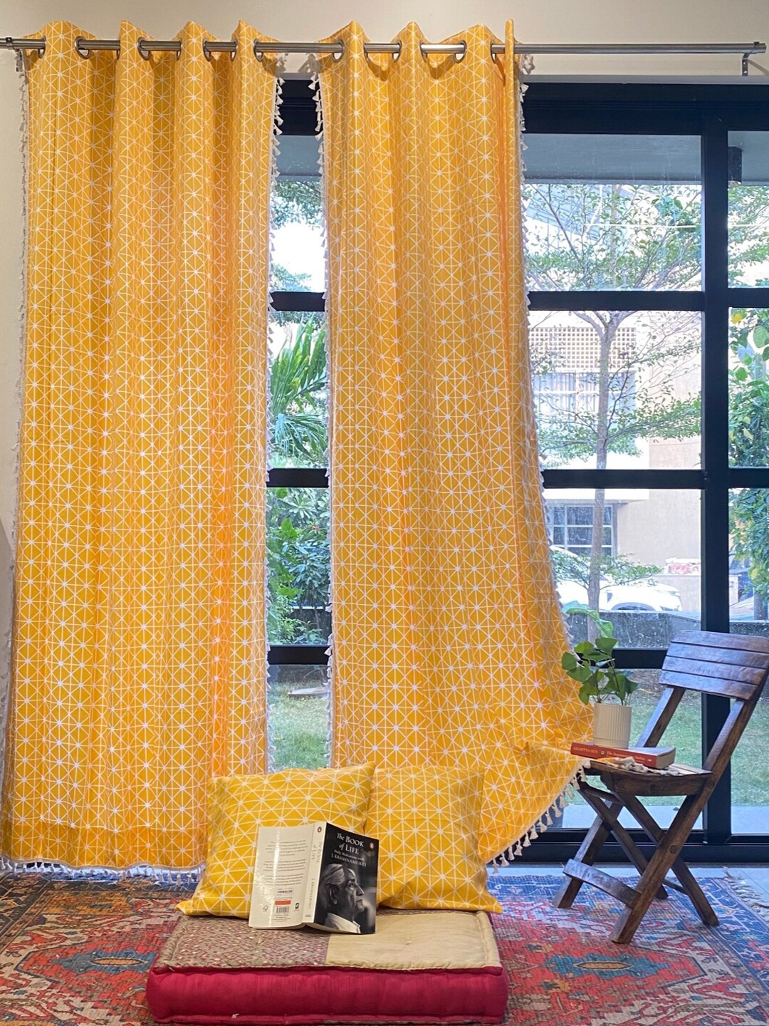 

URBAN SPACE Yellow 4 Pieces Printed Long Door Curtain with Cushion Covers