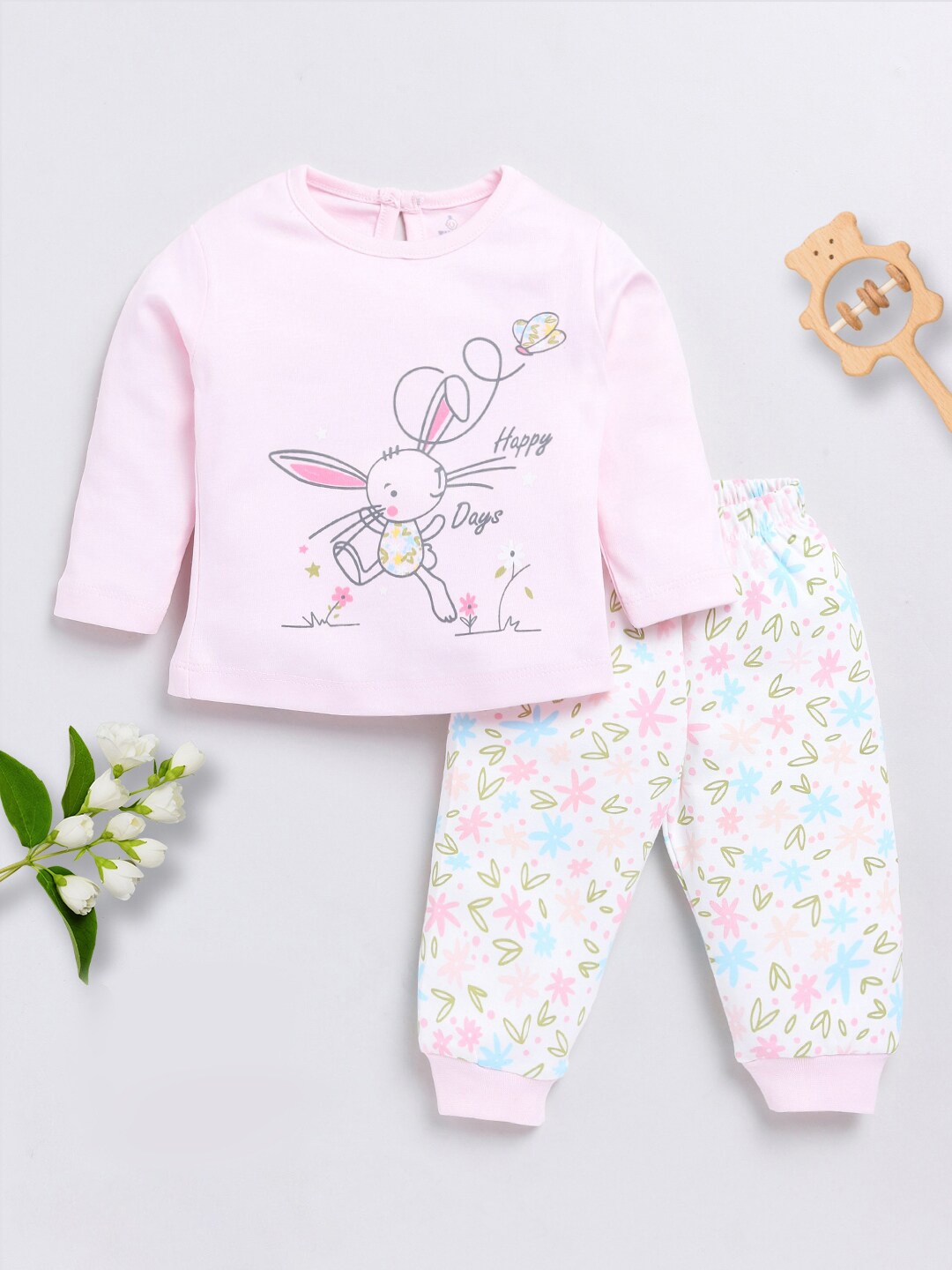 

Moms Love Infant Girls Printed Pure Cotton T-Shirt with Joggers, Pink