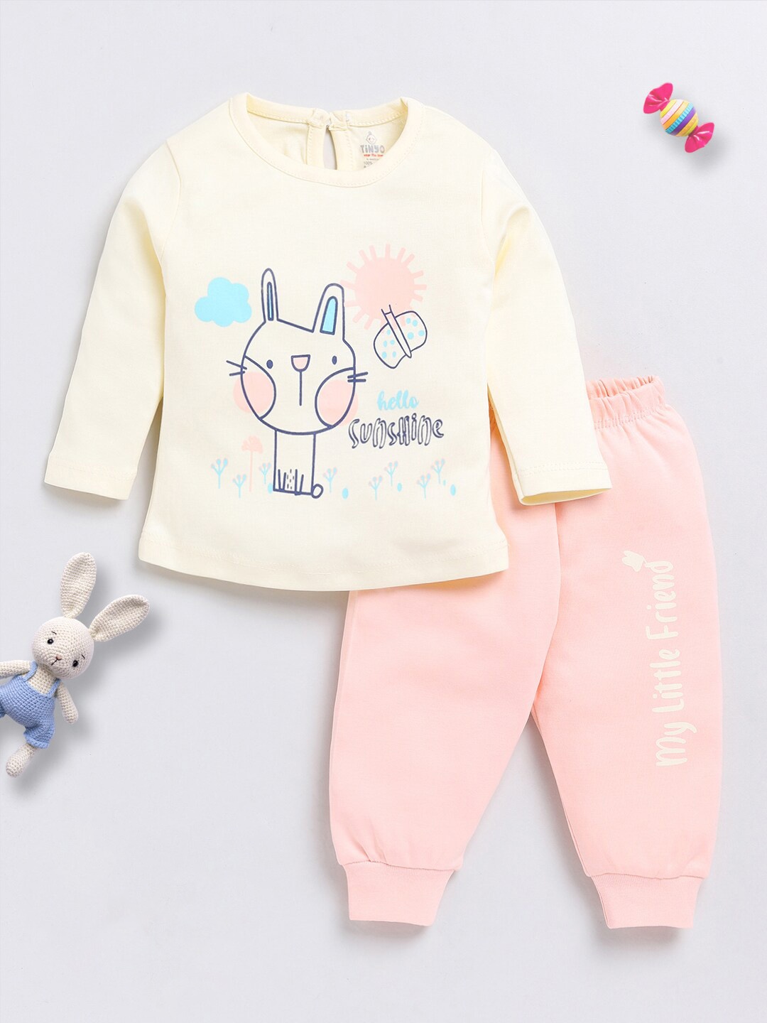 

Moms Love Infant Girls Printed Organic Cotton T-shirt With Trouser, Beige