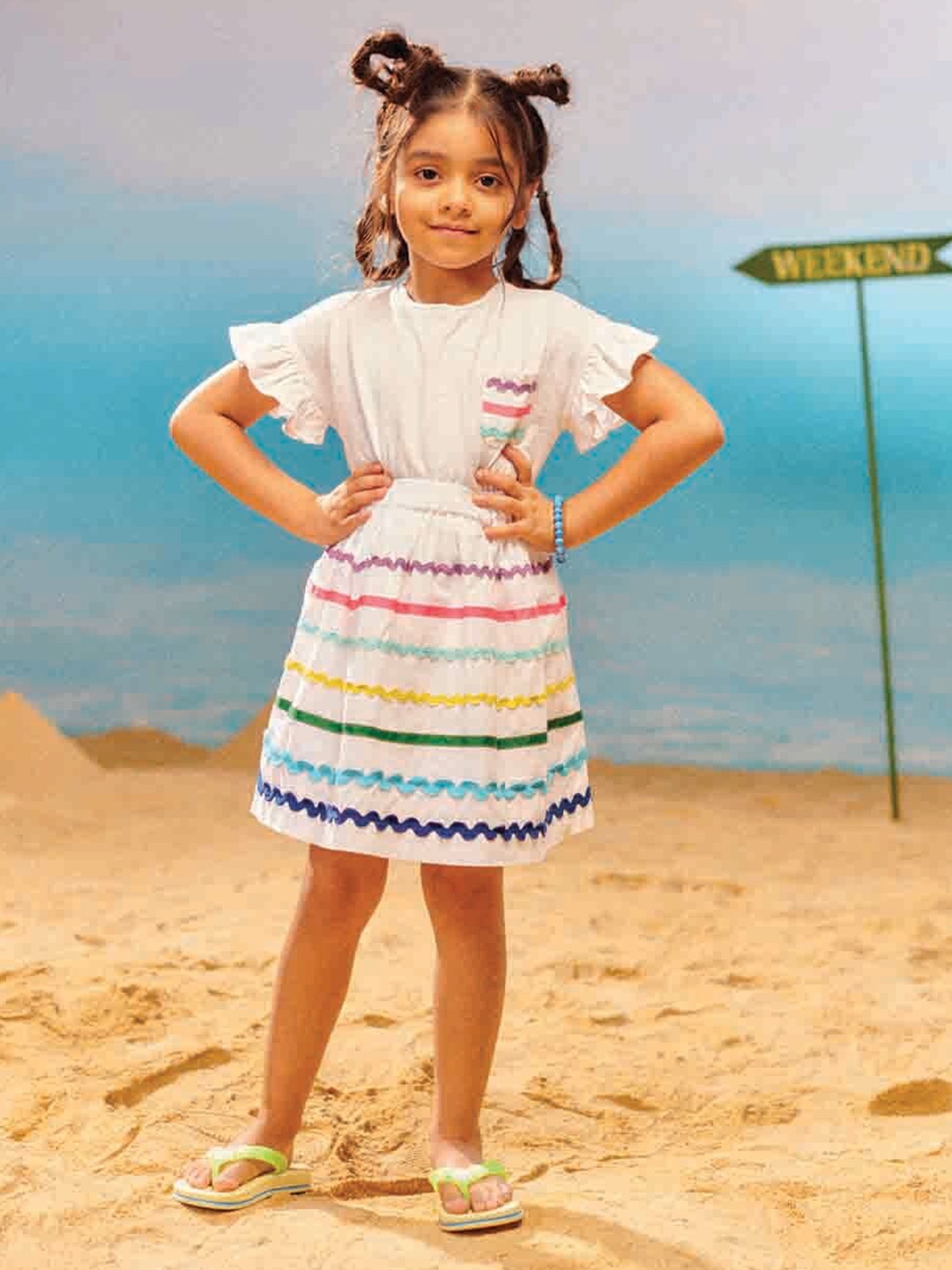 

Somersault Girls Striped Pure Cotton Top with Skirt, White