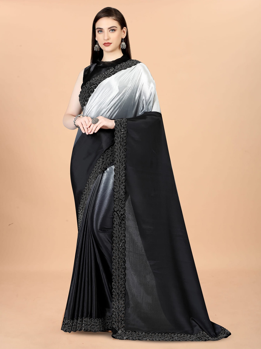 

Mitera Ombre Dyed Beads And Stones Embellished Silk Cotton Paithani Saree, Black