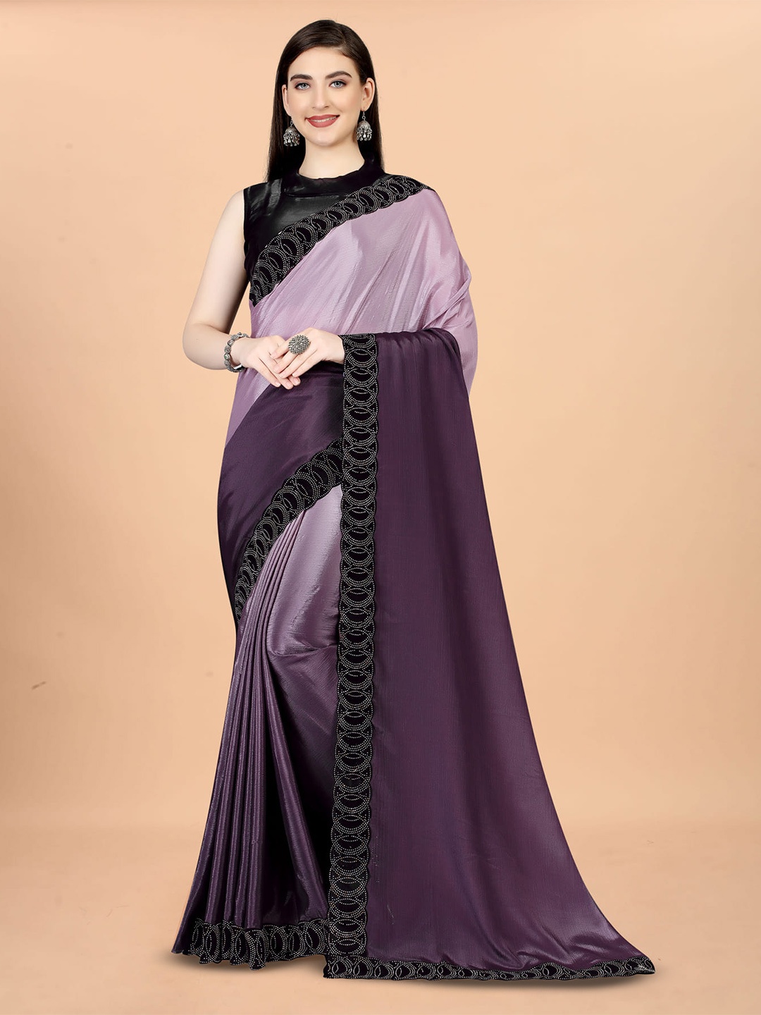 

Grubstaker Purple & Black Ombre Beads and Stones Silk Cotton Saree