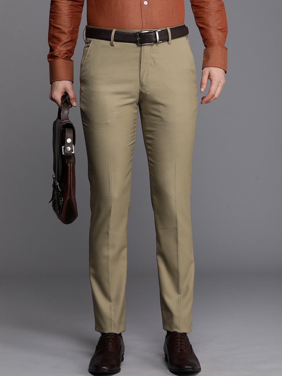 

Louis Philippe Men Super Slim Fit Mid-Rise Formal Trousers, Khaki