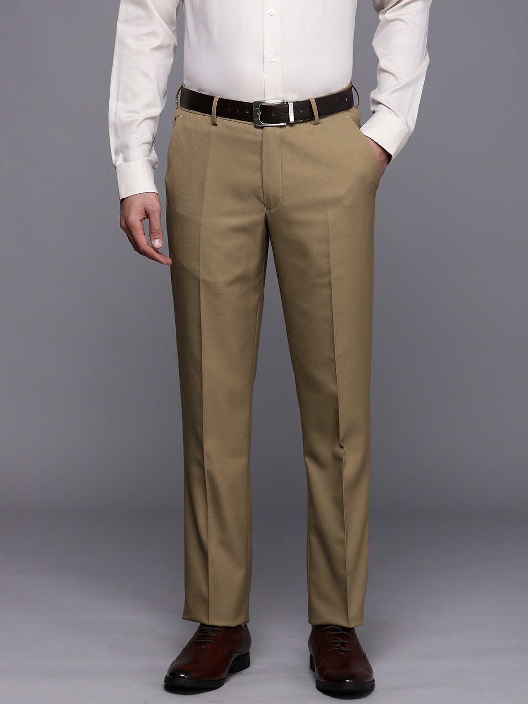 

Louis Philippe Men Mid Rise Self Design Textured Slim Fit Formal Trousers, Khaki