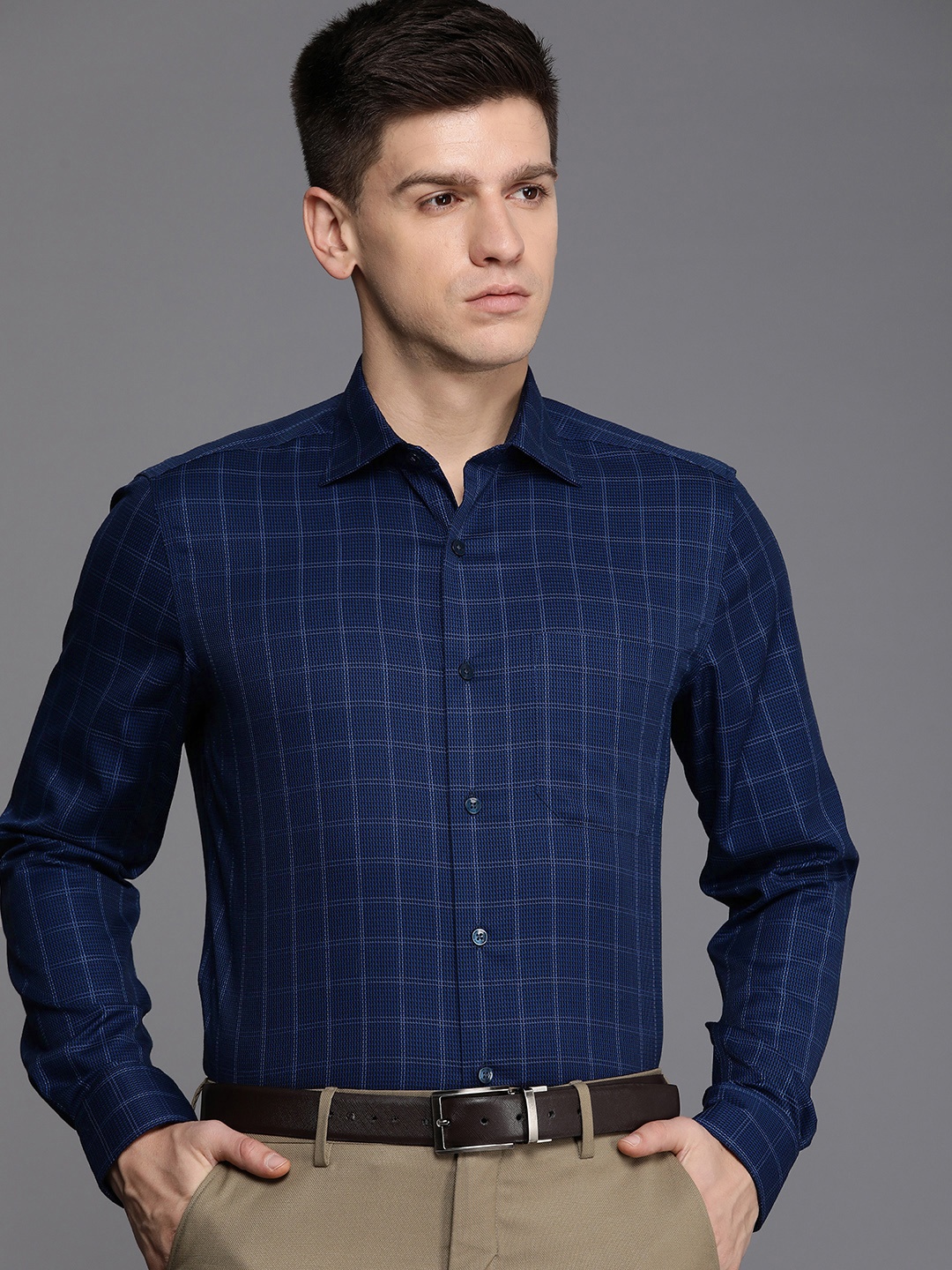 

Louis Philippe Pure Cotton Classic Fit Opaque Checked Formal Shirt, Navy blue