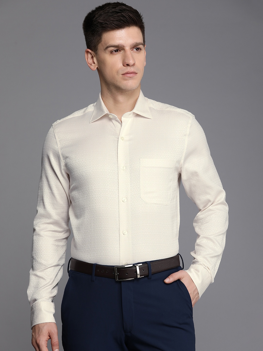 

Louis Philippe Pure Cotton Self Design Classic Opaque Formal Shirt, Cream