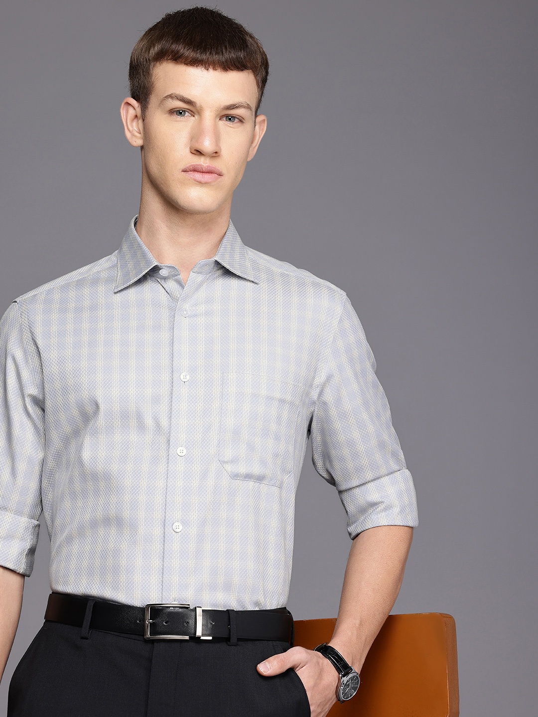 

Louis Philippe Classic Pure Cotton Textured Checked Formal Shirt, Grey