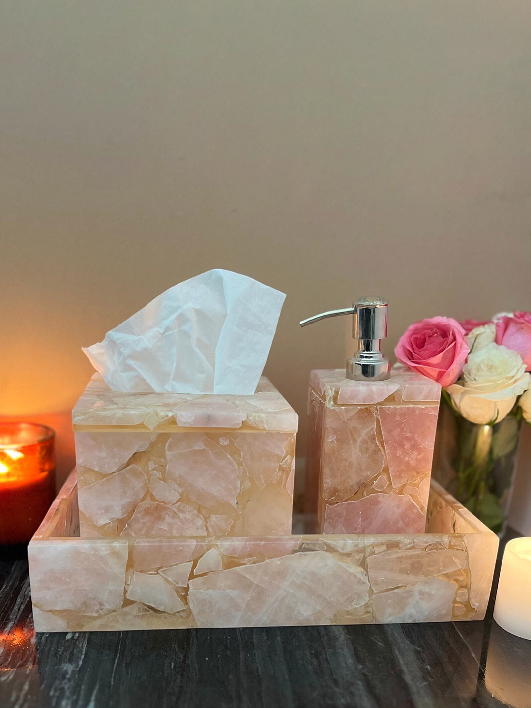

HOMEARTE Pink & Beige Abstract Glossy Bathroom Accessories Set