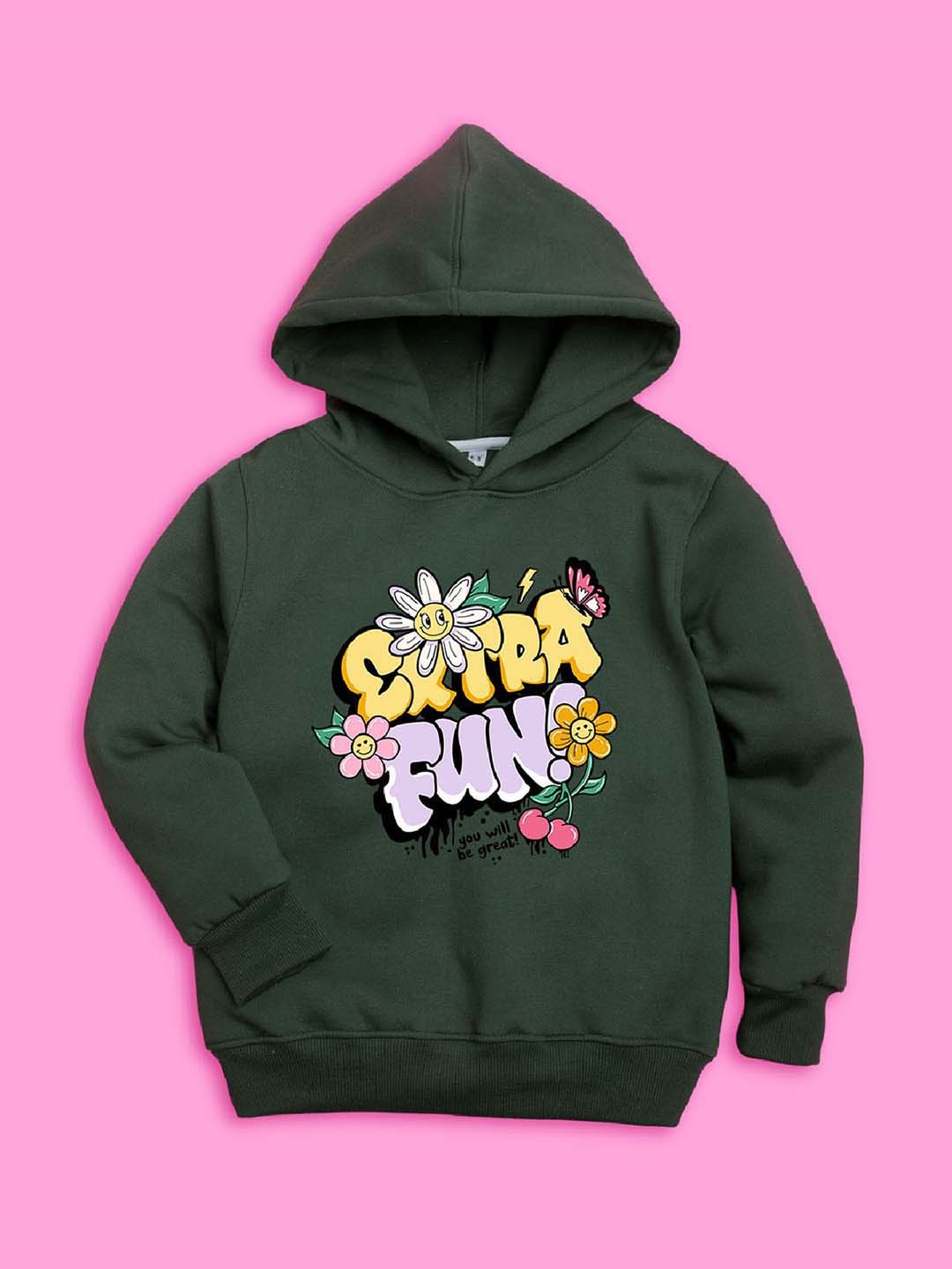 BAESD Girls Typography Printed Hooded Fleece Pullover, Olive