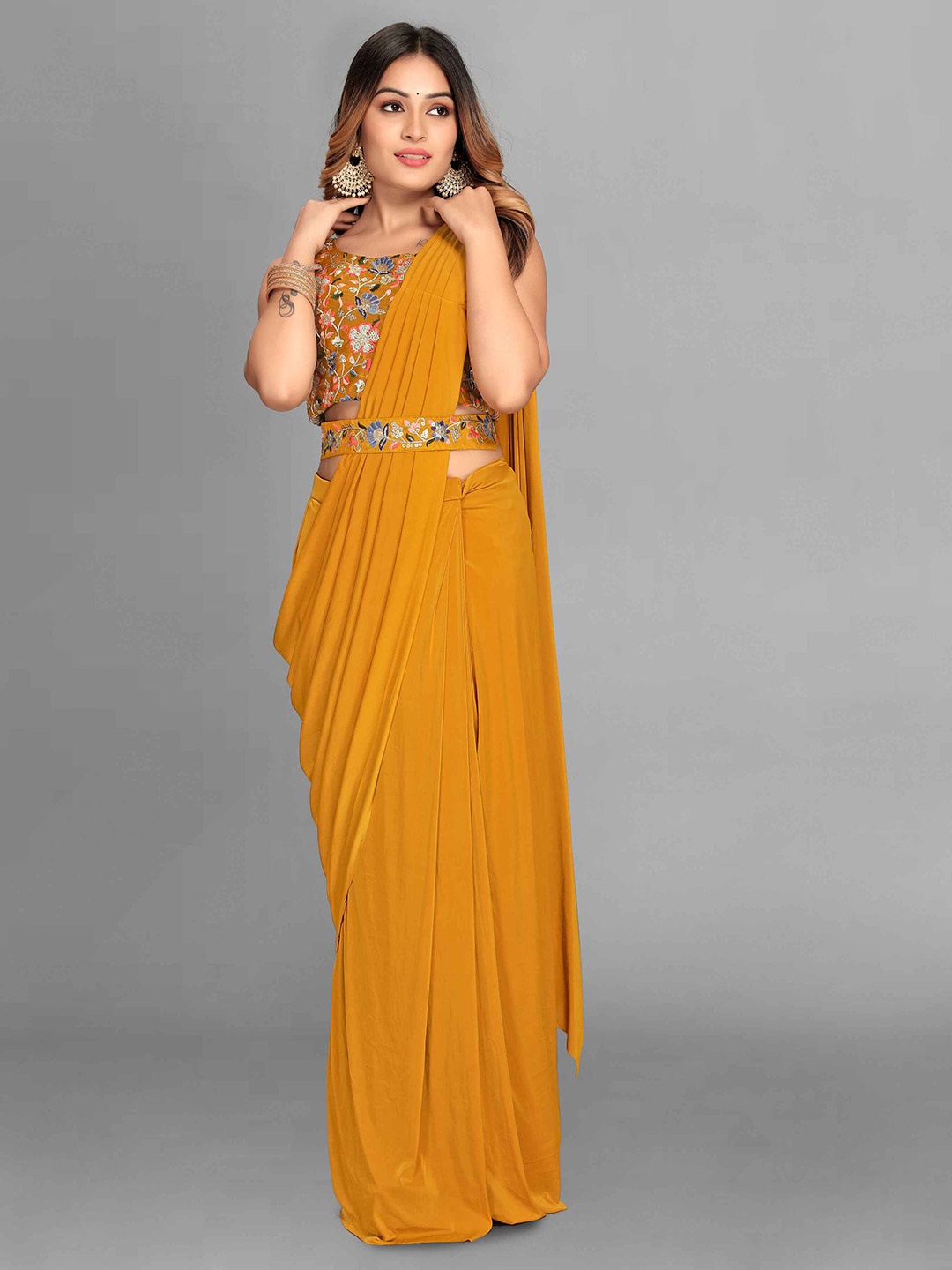 

J.KANJI Embroidered Lycra Saree, Mustard