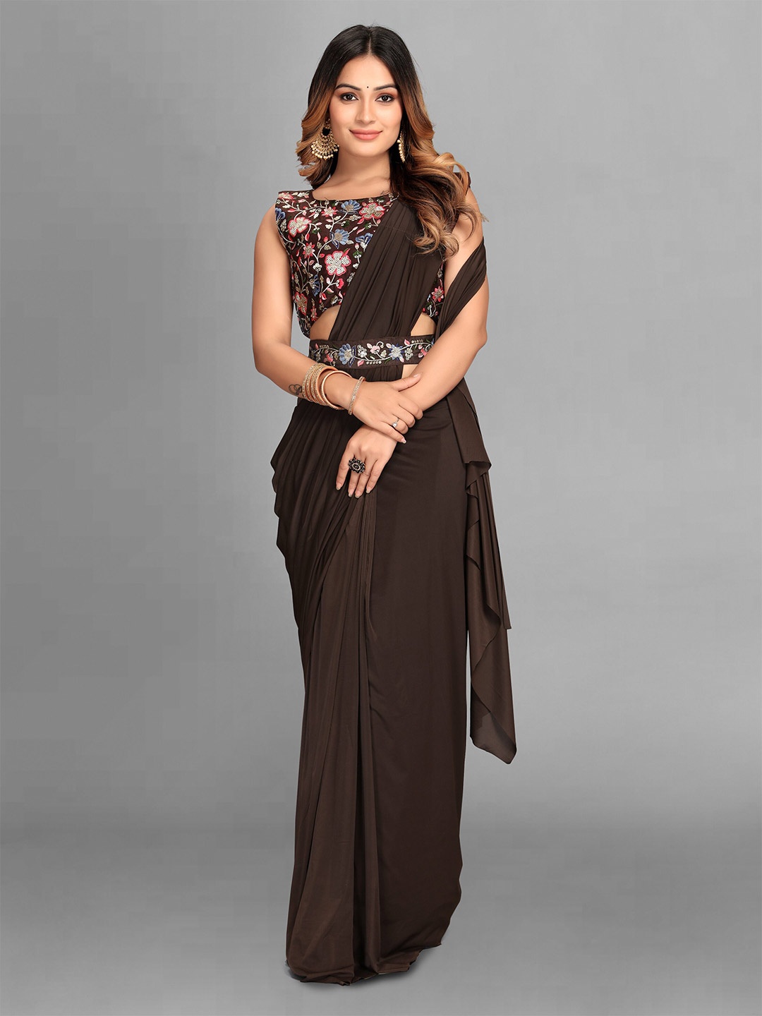 

J.KANJI Embroidered Lycra Saree, Brown