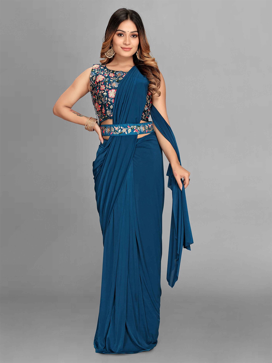 

J.KANJI Embroidered Lycra Saree, Teal