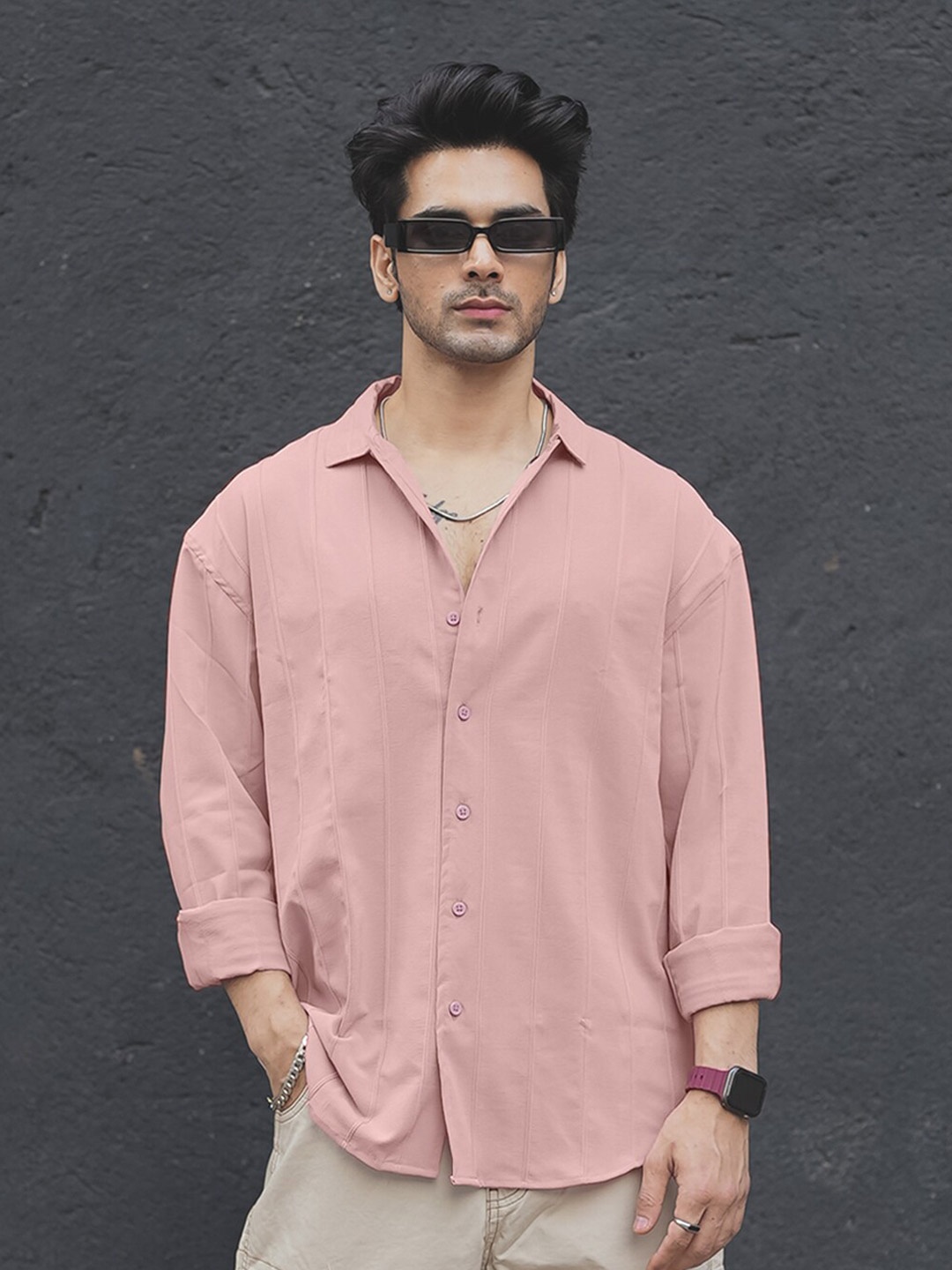 

Powerlook Self Design Striped Opaque Casual Shirt, Pink