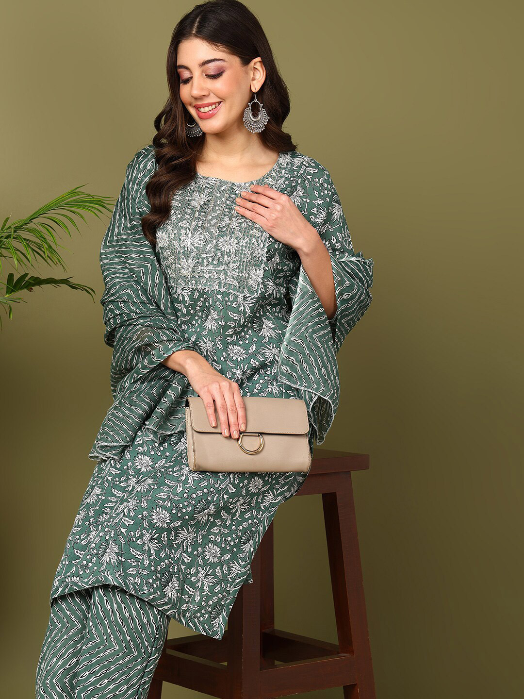 

mokshi Floral Printed Regular Sequinned Kurta With Trouser & Dupatta, Green