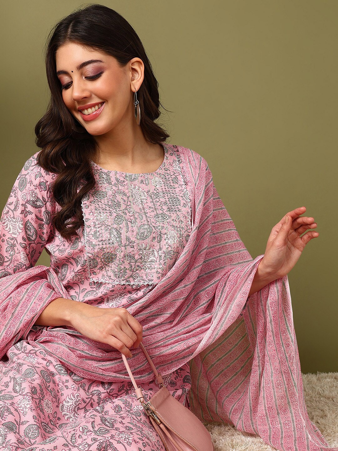 

mokshi Floral Printed Regular Sequinned Kurta With Trouser & Dupatta, Pink