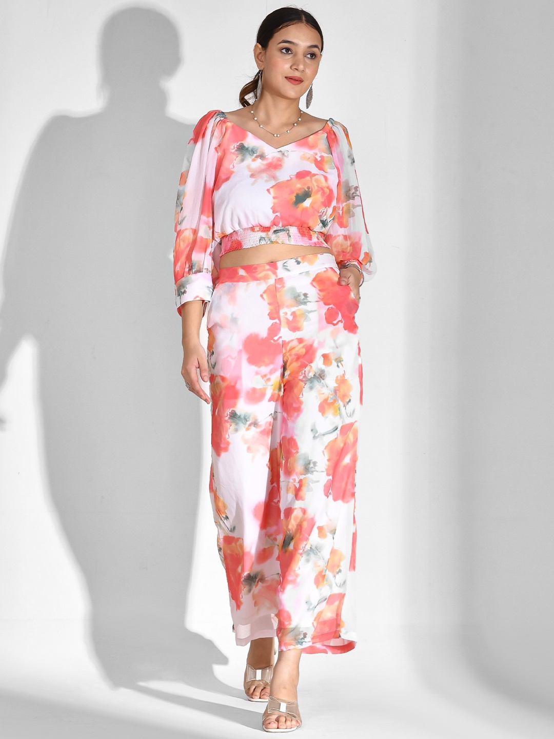 

mokshi Floral Printed Chiffon Top with Palazzos, White