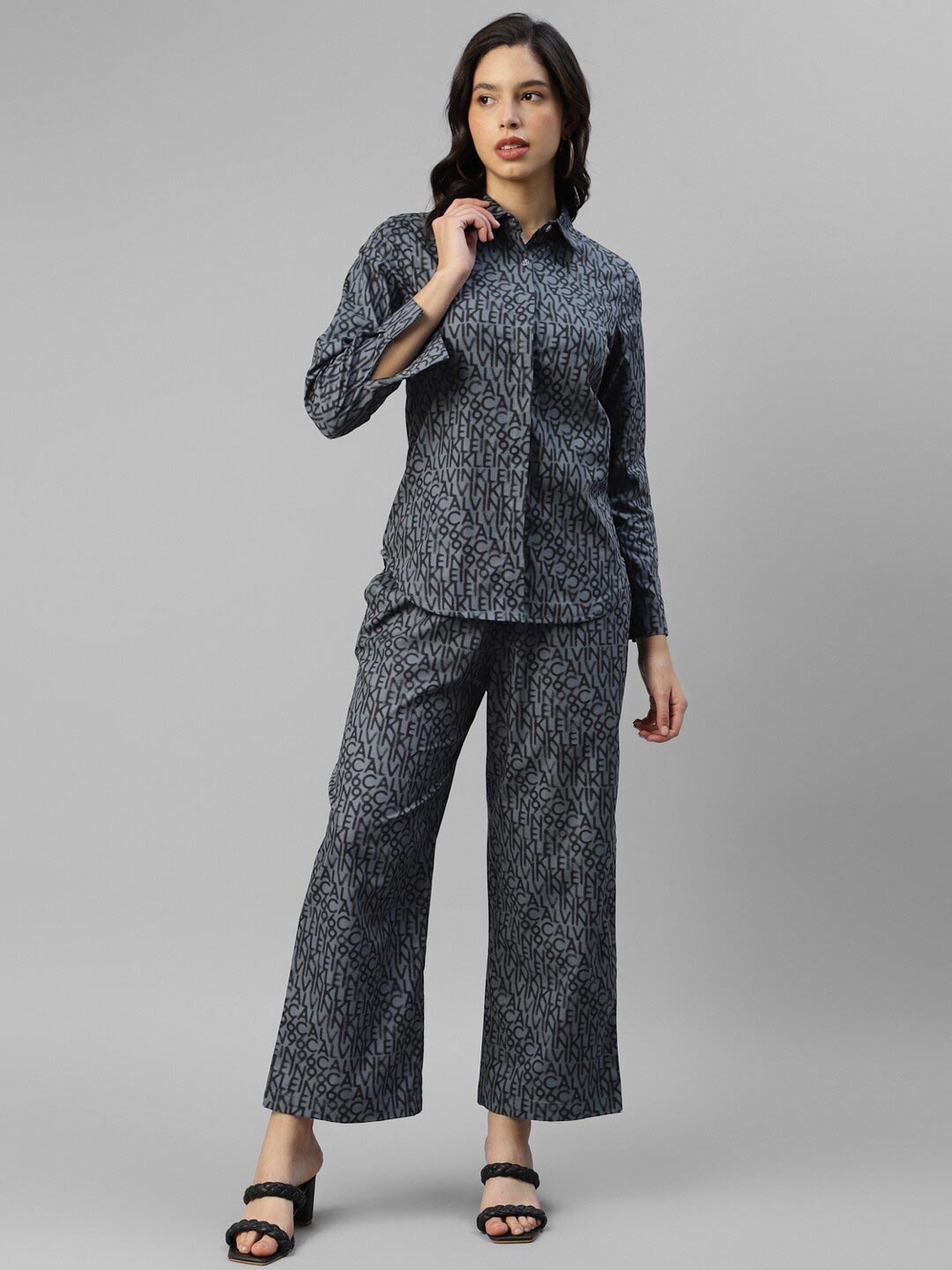 

DEEBACO Printed Shirt Collar Shirt With Trouser, Grey