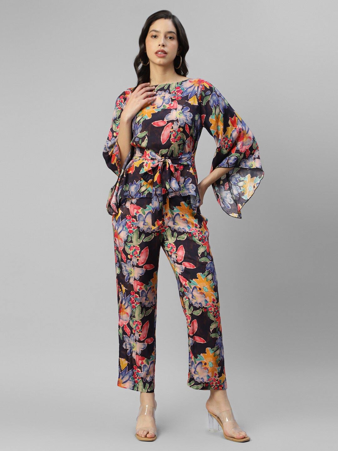 

DEEBACO Printed Boat Neck Top With Trouser, Black