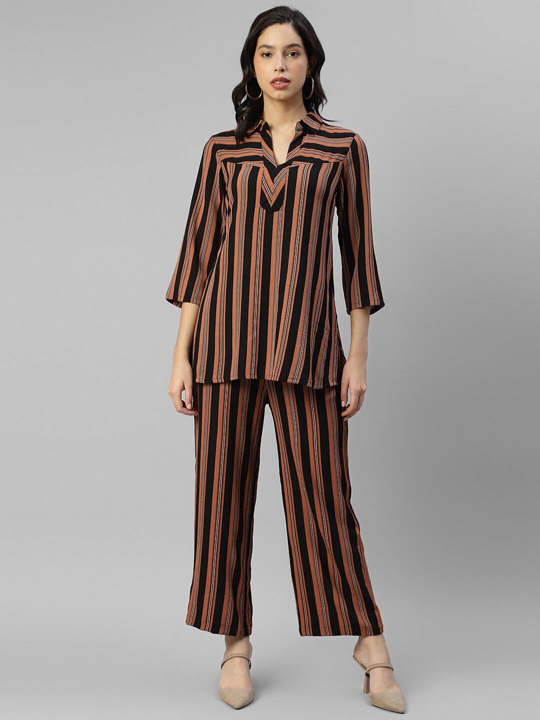 

DEEBACO Striped Shirt Collar Tunic With Trouser, Brown