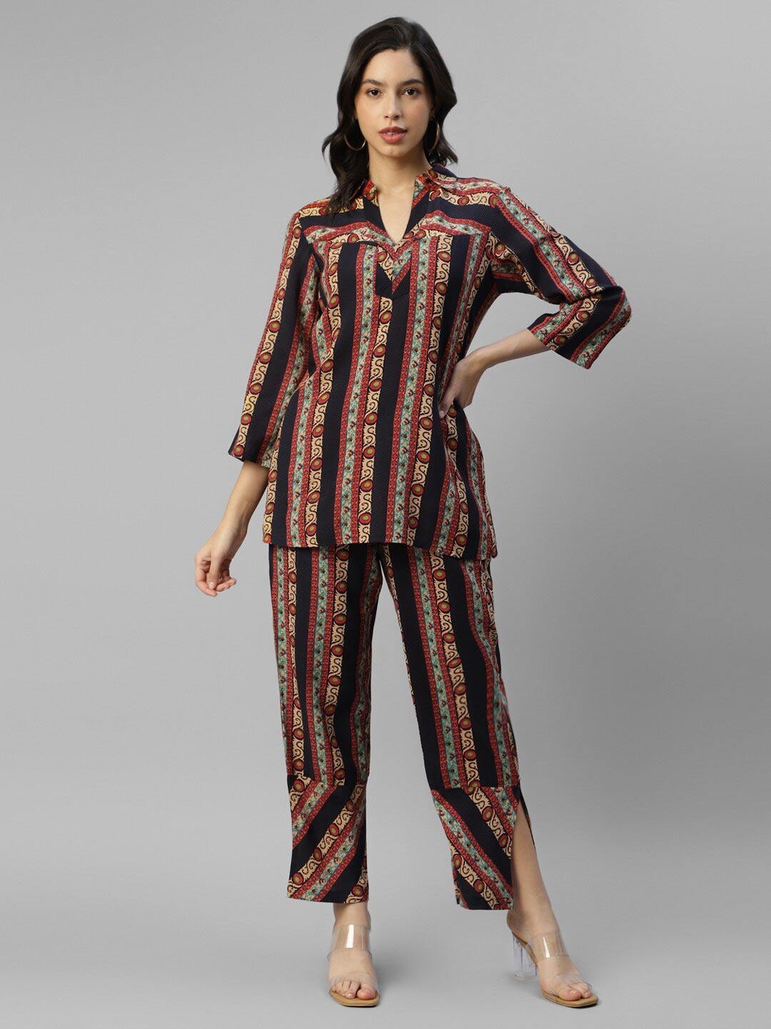 

DEEBACO Striped Shirt Collar Tunic With Trousers, Red