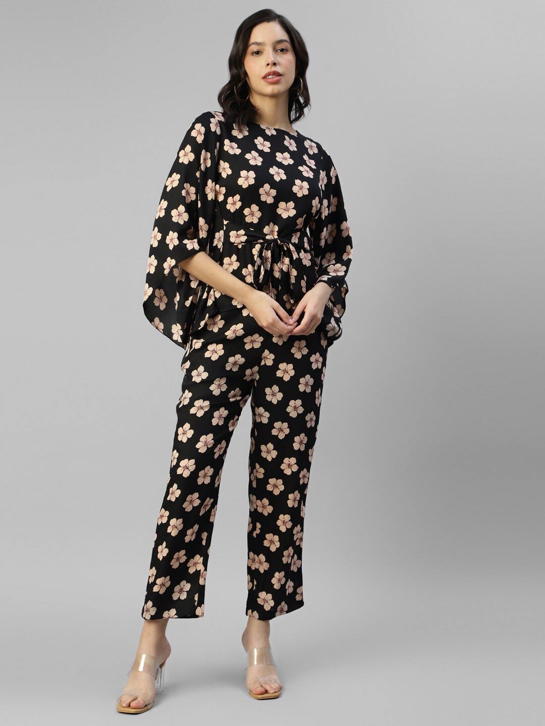 

DEEBACO Floral Printed Boat Neck Top With Trousers, Black