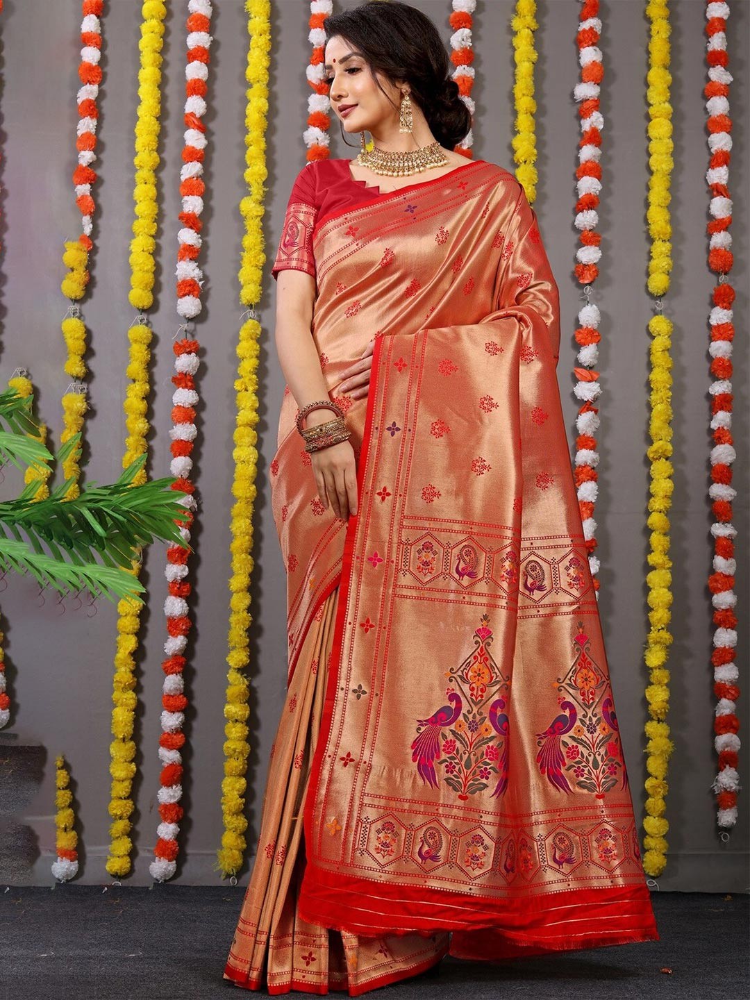 

CANIZZARO Ethnic Motifs Woven Design Zari Pure Silk Paithani Saree, Red