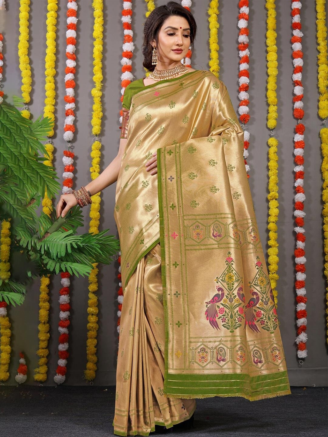 

CANIZZARO Ethnic Motifs Woven Design Zari Pure Silk Paithani Saree, Green