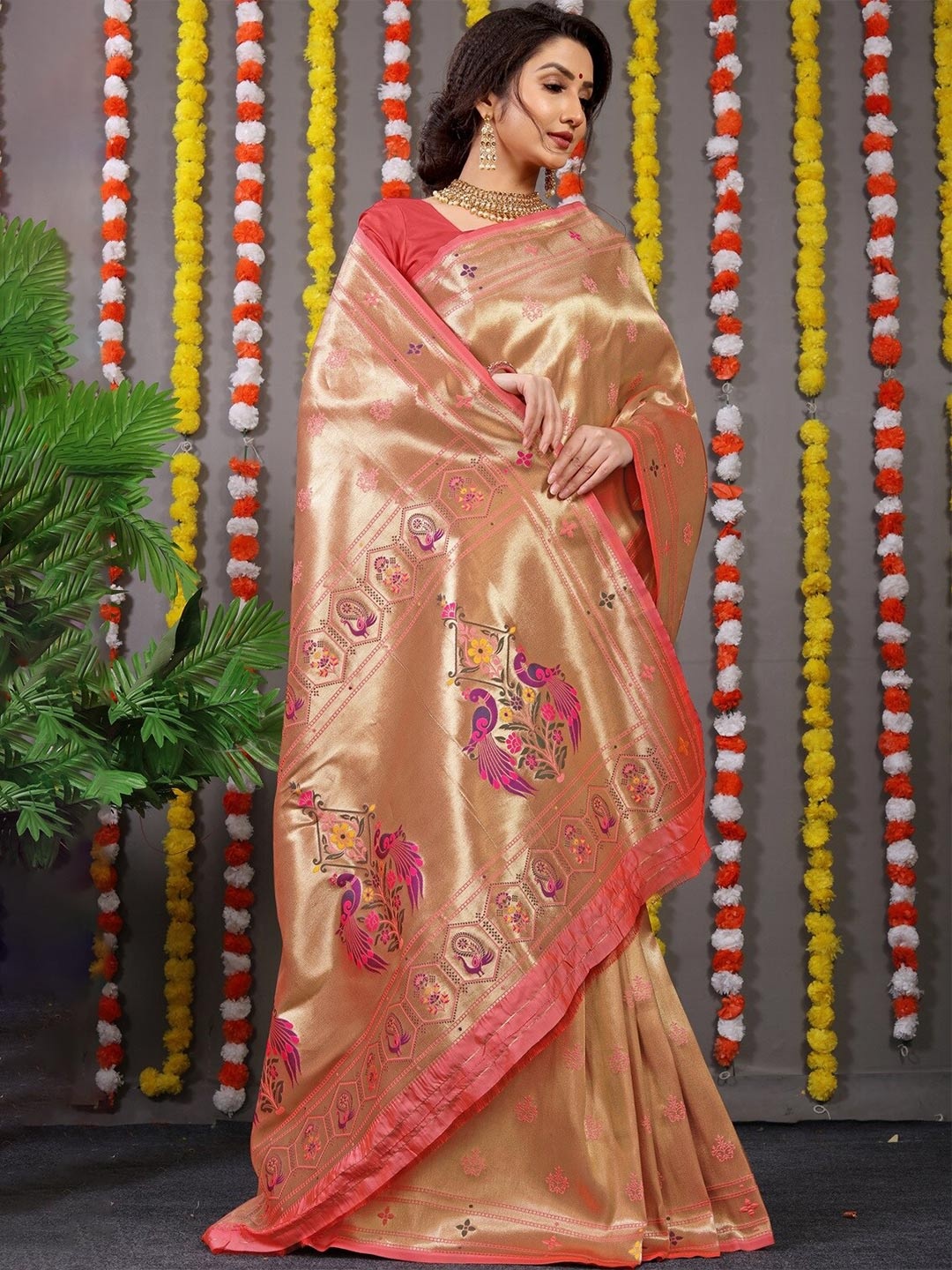 

CANIZZARO Ethnic Motifs Woven Design Zari Pure Silk Paithani Saree, Peach