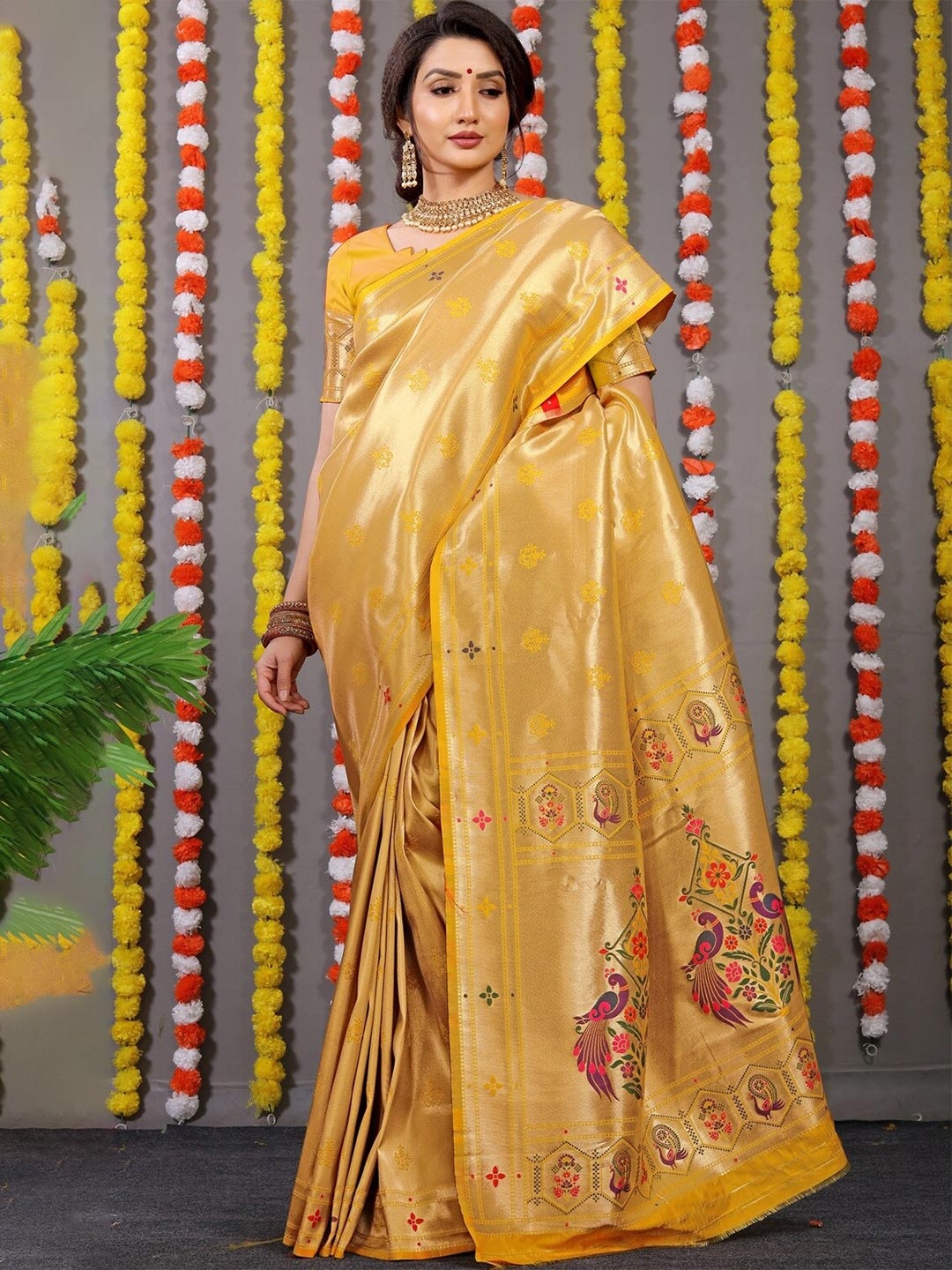 

CANIZZARO Ethnic Motifs Woven Design Zari Pure Silk Paithani Saree, Yellow