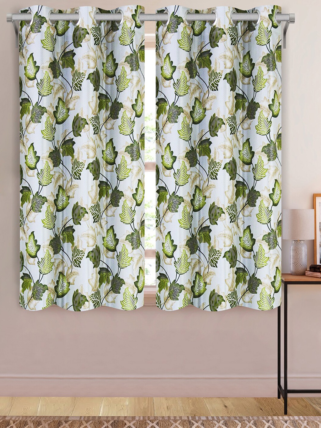 

Aura White & Green 2 Pcs Floral Printed Window Curtains