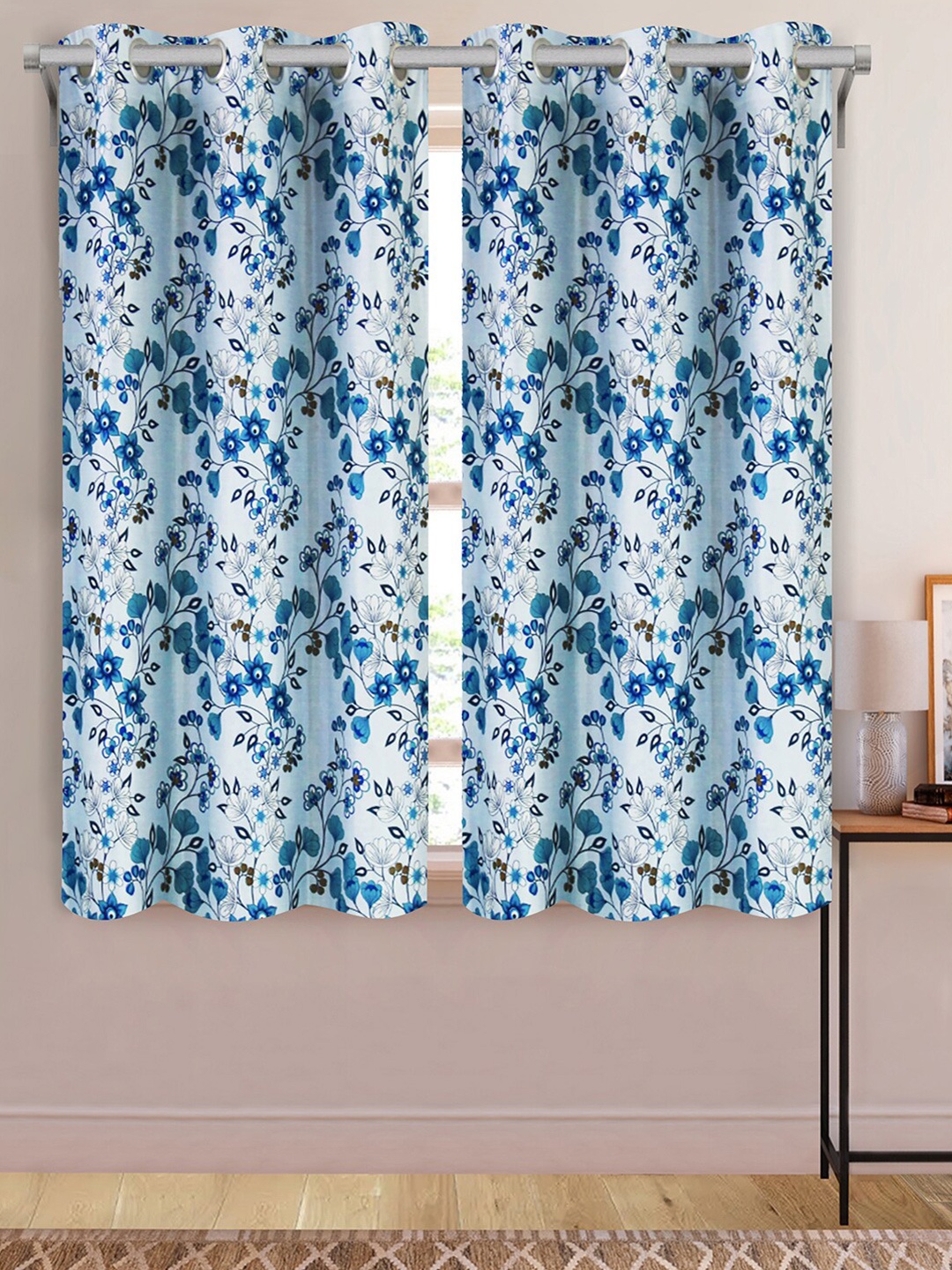 

Aura Blue & White 2 Pcs Floral Printed Window Curtains