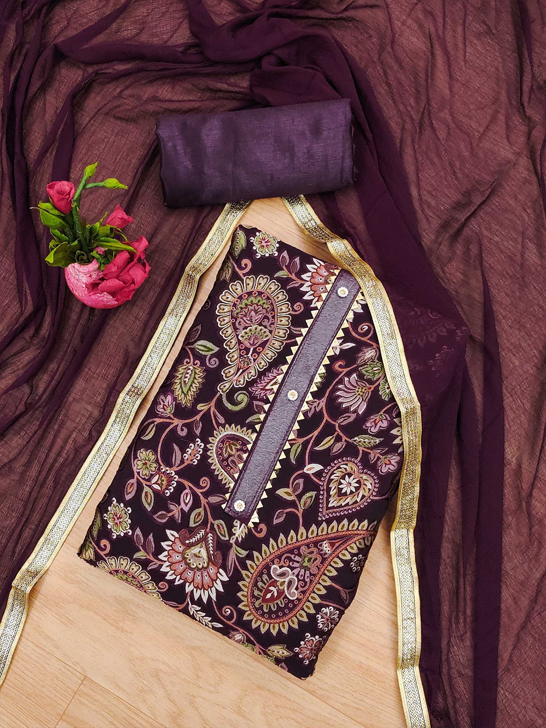 

KALINI Ethnic Motifs Printed Organza Unstitched Dress Material, Purple