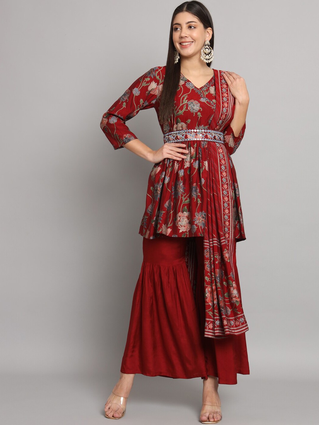 

Readiprint Fashions Floral Printed Empire Pure Silk Kurti with Sharara & With Dupatta, Red