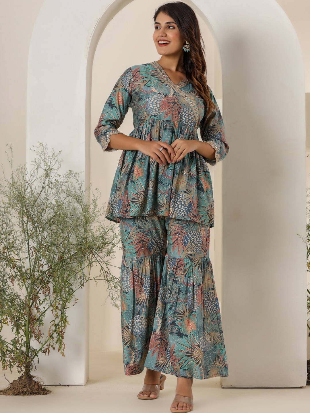 

Readiprint Fashions V-neck Ethnic Printed Empire Pure Silk Anarkali Kurta with Sharara, Blue