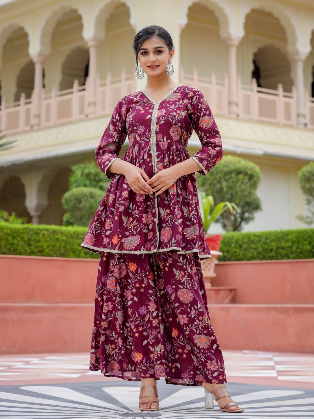 

Readiprint V-neck Floral Printed Empire Pure Silk Kurta with Palazzos, Magenta