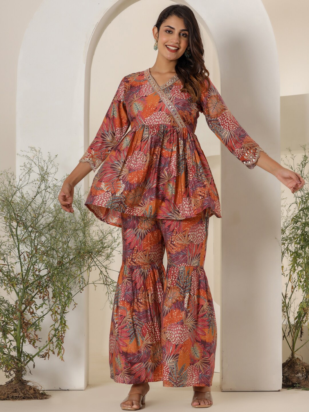 

Readiprint Ethnic Motifs Printed Empire Pure Silk Kurti with Sharara, Pink