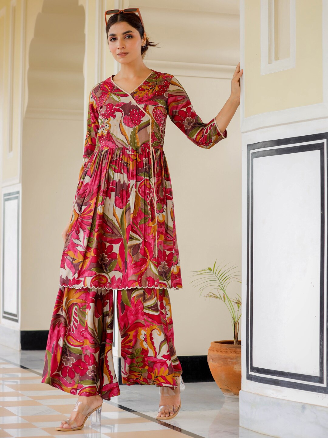 

Readiprint Ethnic Printed Empire Pure Silk Kurta with Palazzo, Pink