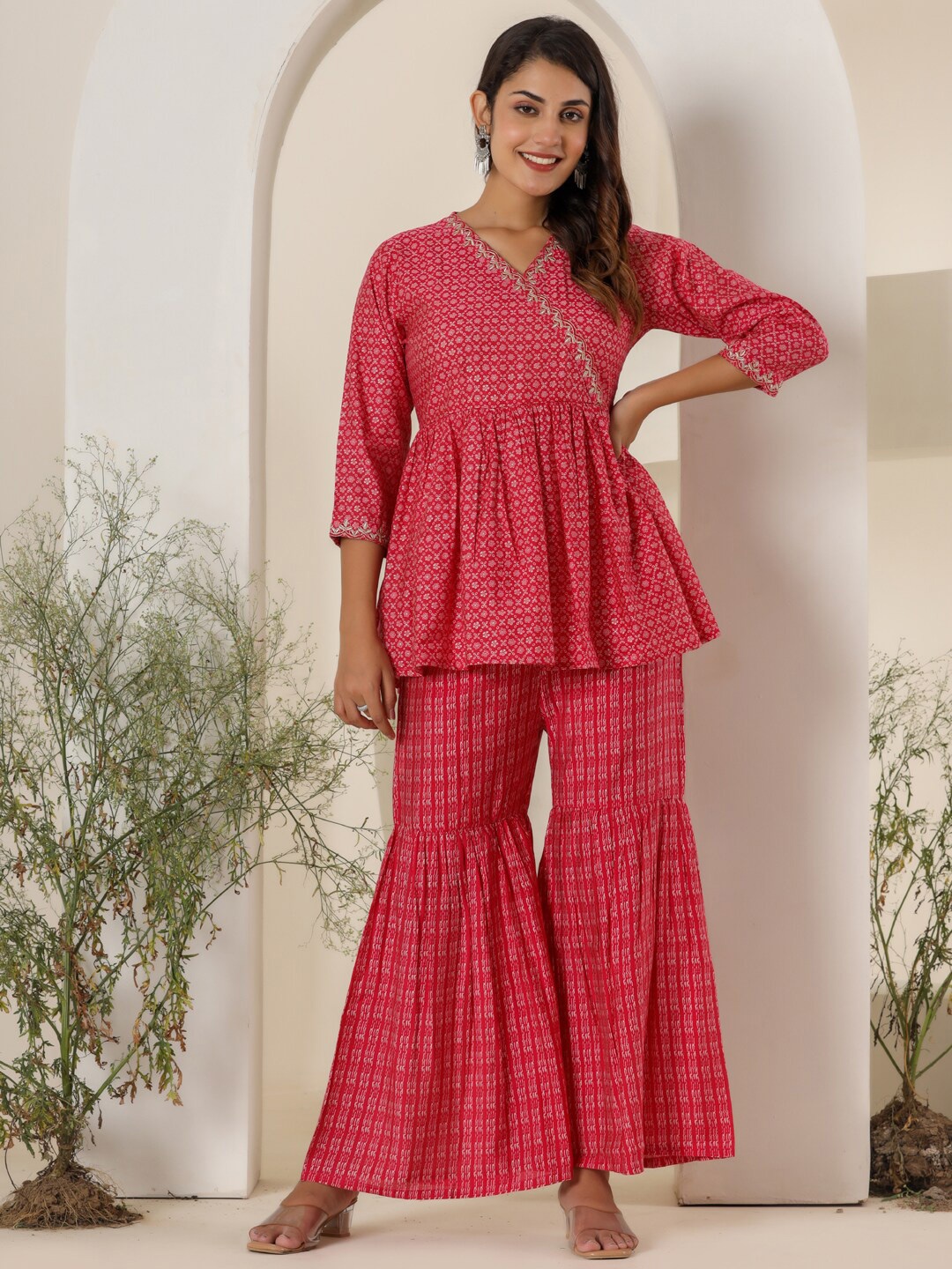 

Readiprint Bandhani Printed Empire Pure Silk Kurti with Sharara, Pink