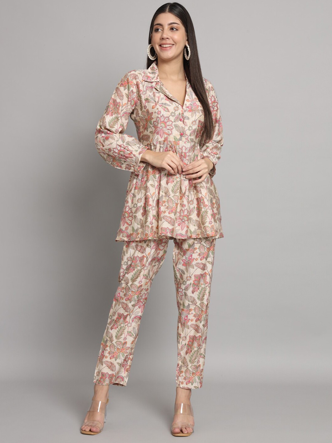 

Readiprint Fashions Floral Printed Pure Silk Top With Trousers, Cream